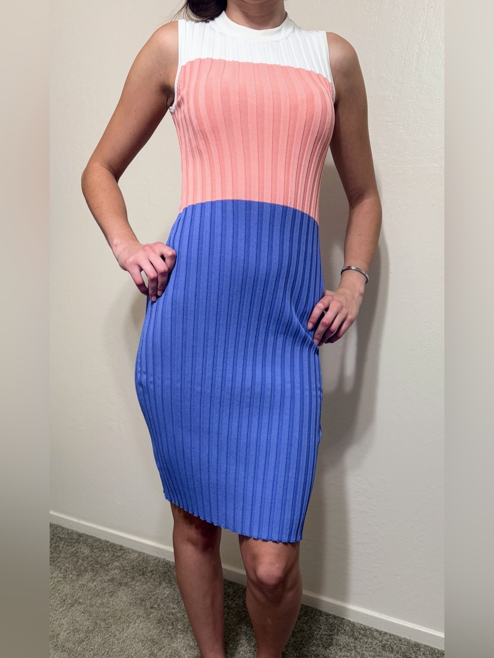 Altuzarra Colorblock Ribbed Knit Midi Dress Coral Blue White Size S
